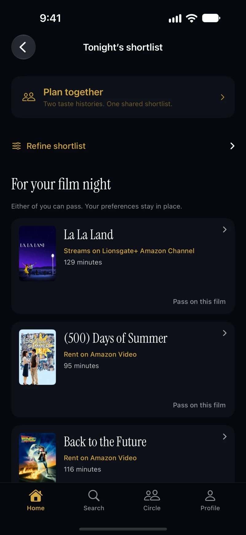 Flixr narrows a saved watchlist to three films, with watch options for each.